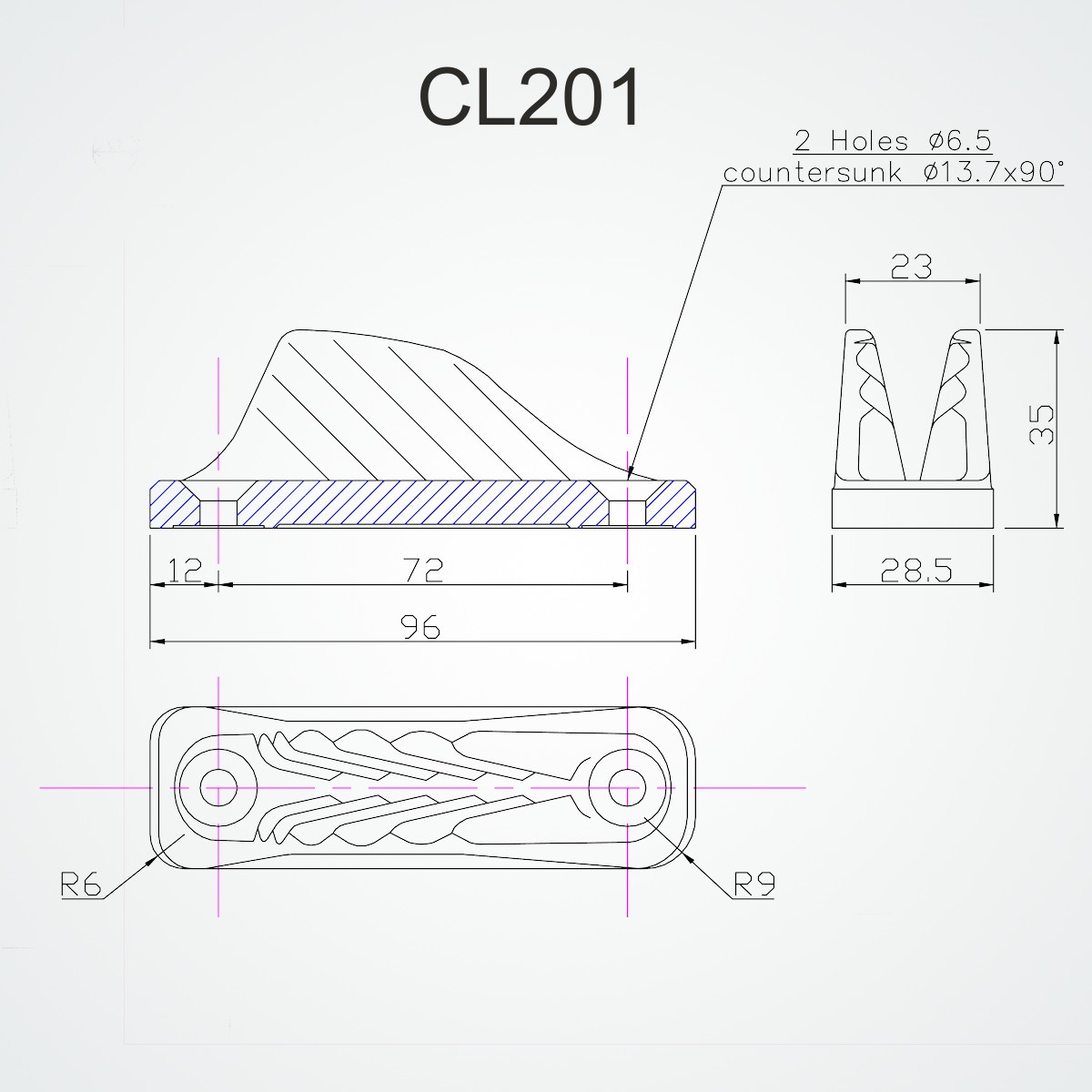 CL201 Clamcleat Open 6-12mm black drawing