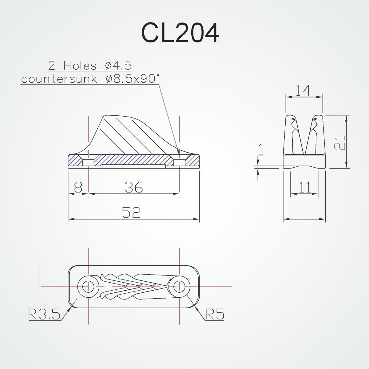 CL204 Clamcleat Open 3-6mm drawing