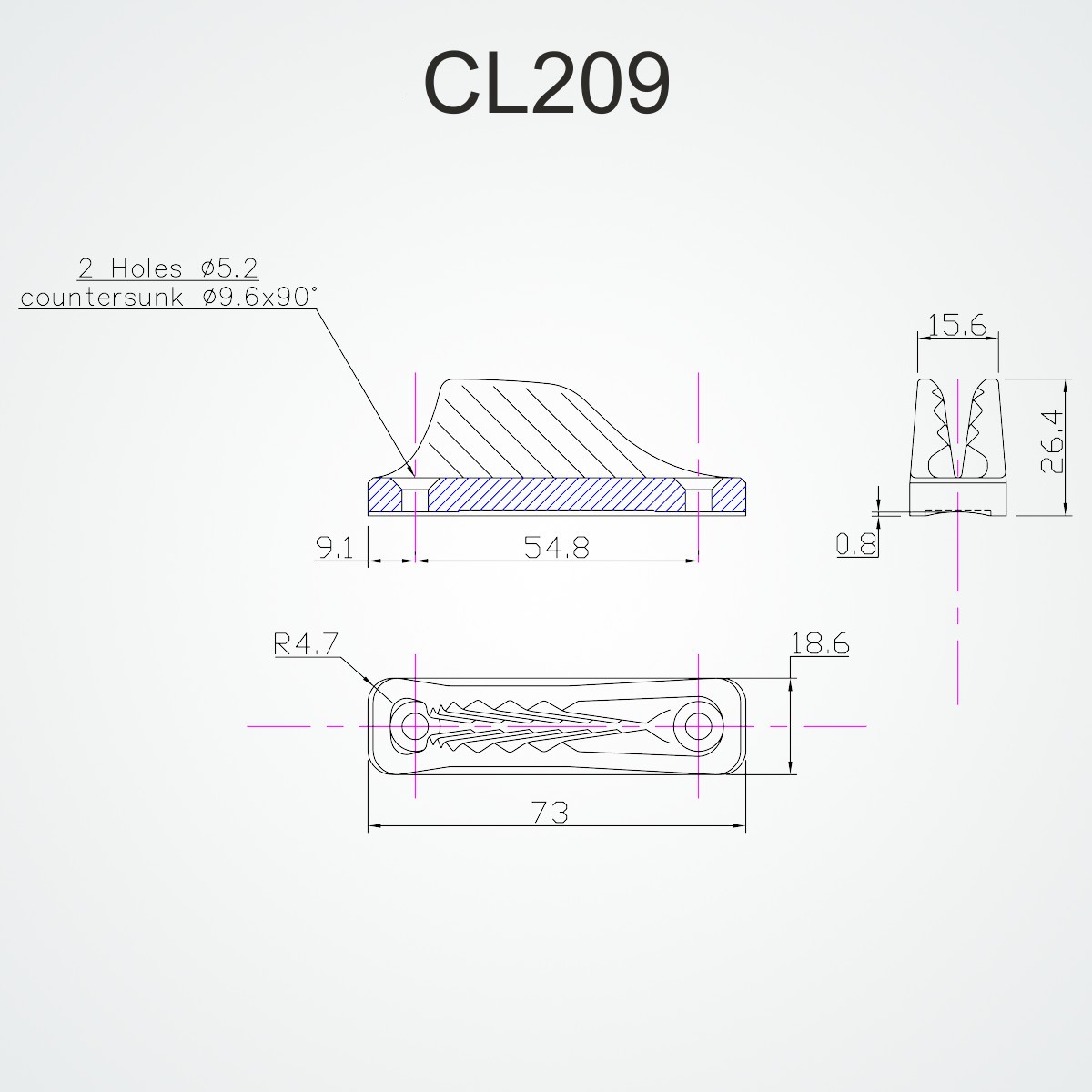 CL209 Clamcleat Open 4-8mm black drawing