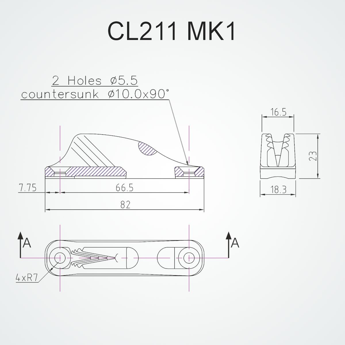 CL211MK1 Clamcleat with Fair Lead 3-6mm drawing