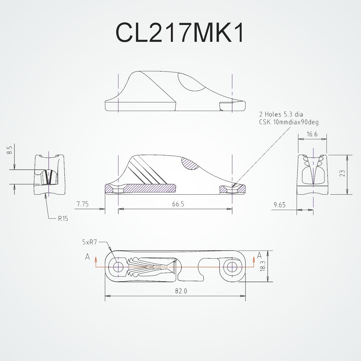 CL217MK1 Clamcleat Side-Entry Starboard 3-6mm drawing